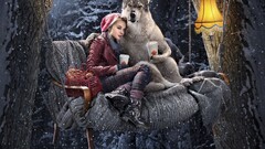 winter Women model fantasy girl Animals sitting hat snow boots