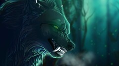 wolf artwork creature green eyes teeth fantasy art