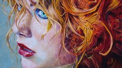 Women artwork face freckles redhead blue eyes painting