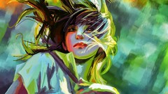 Women artwork face Green windy red lipstick hair portrait