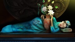 Women artwork fantasy girl fantasy art vases closed eyes