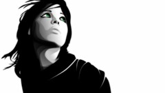 Women black white green eyes Simple Background long hair