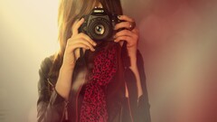 Women camera model canon painted nails Simple Background