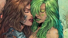 Women drawing closed eyes green hair artwork witchblade
