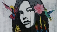 Women face Flowers Birds artwork flower in hair