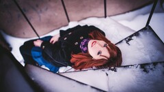 Women readhead blue eyes snow stairs red lipstick model