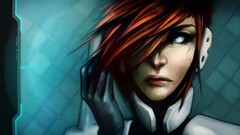 Women redhead blue eyes video game art Turquoise cyan