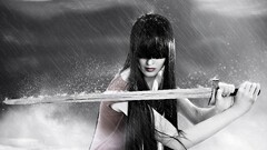 Women sword rain bangs warrior long hair model fantasy girl