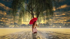 Women umbrella digital art rain model dress